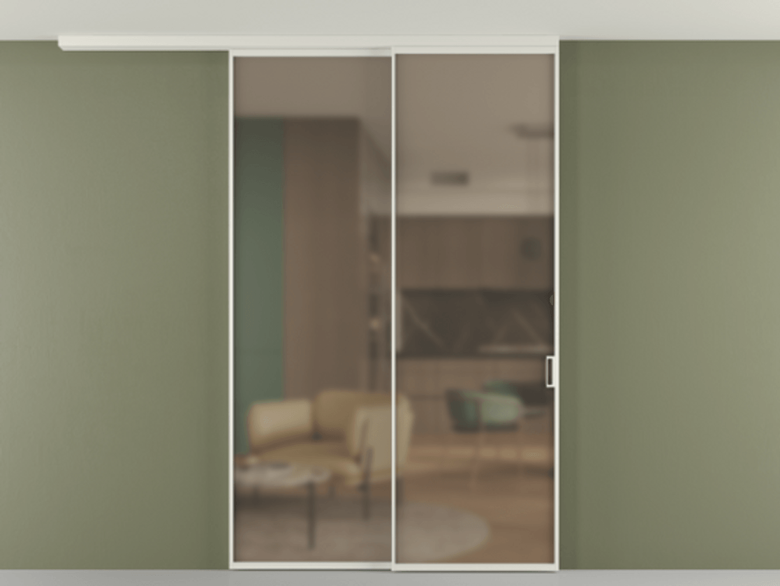 Перегородка Формато вдоль стены на потолок 2 створки с синхронным механизмом АЛПР 040.01 Алюминий Белый Сатинированное бронзовое стекло, триплекс Цена 255488 ₽ | Volhovec