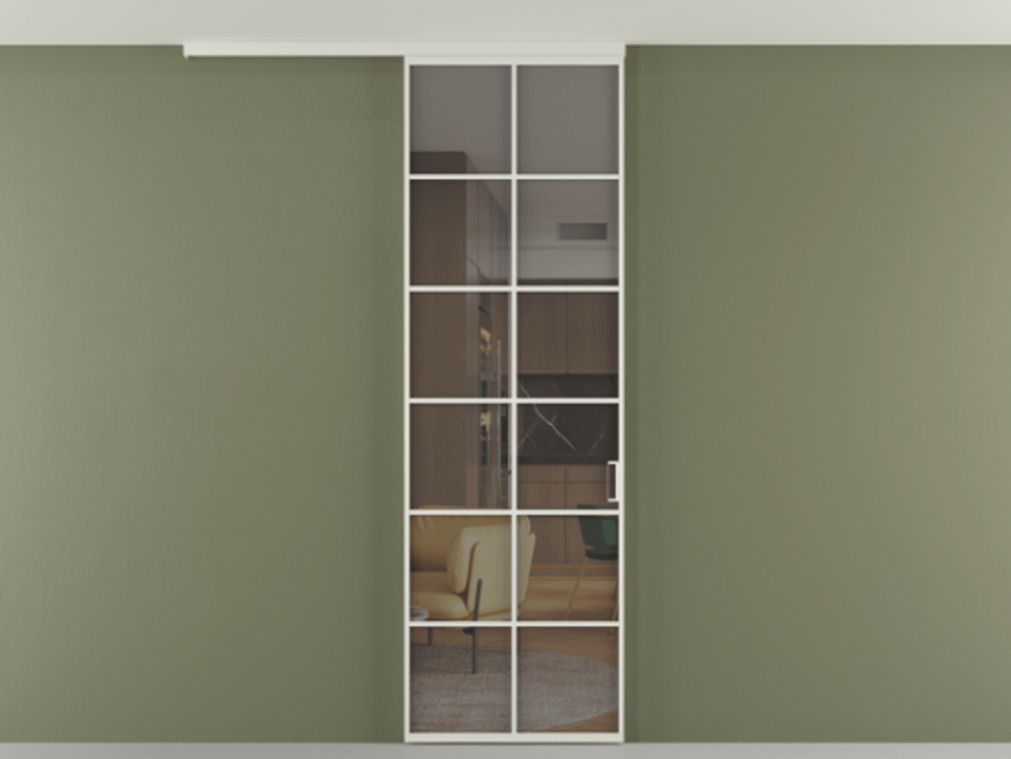 Перегородка Формато вдоль стены на потолок 1 створка АЛПР 040.05 Алюминий Белый Прозрачное серое стекло, триплекс Цена 103632 ₽ | Volhovec