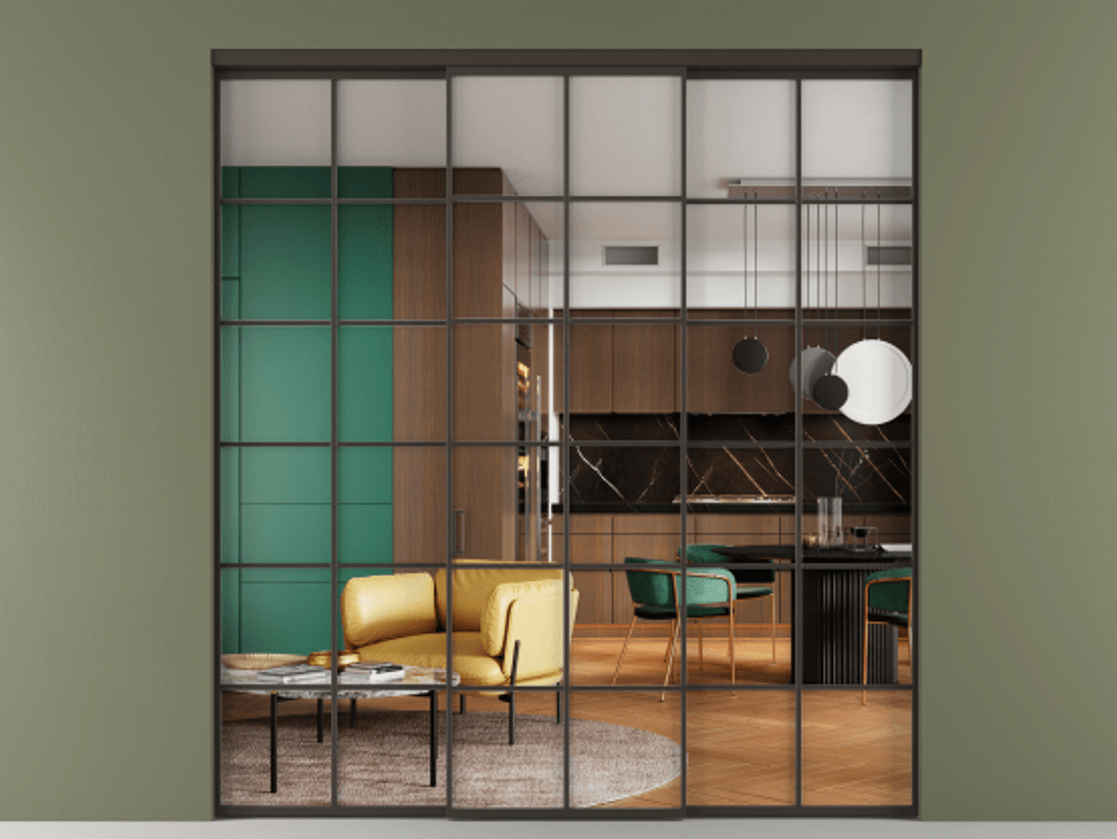 Перегородка Формато внутри проёма 3 створки АЛПР 040.05 Алюминий антрацит Прозрачное стекло "Кристал Вижн", калёное Цена 286460 ₽ | Volhovec