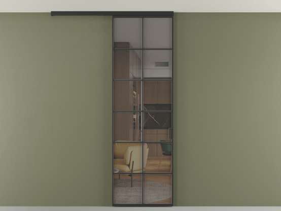 Алюминевая перегородка pv1_05 Серый прозрачное ЧЕР. Цвет Алюминий Черный. Материал Алюминий. Коллекция Перегородка Формато вдоль стены на потолок 1 створка. Картинка.