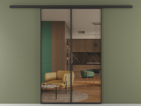 Алюминевая перегородка vd2_01 Бронза триплекс ЧЕР. Цвет Алюминий Черный. Материал Алюминий. Коллекция Перегородка Формато вдоль стены 2 створки. Картинка.