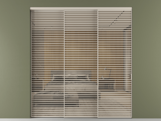 Алюминевая перегородка АЛПР 040.07_АСБЖ_Stopsol Bronze_new. Цвет Алюминий светло-бежевый. Материал Алюминий в эмали. Коллекция Перегородка Формато внутри проёма 3 створки с синхронным механизмом. Картинка.