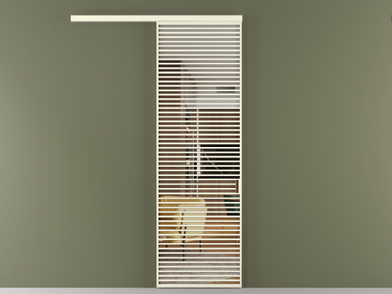 Алюминевая перегородка АЛПР 040.07_АМБ_Crystalvision_new. Цвет Алюминий молочно-белый. Материал Алюминий в эмали. Коллекция Перегородка Формато вдоль стены 1 створка. Картинка.