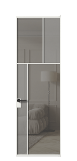 Дверь межкомнатная АЛПЛ041.22 АБЛ Серый сатин матовое + Серый прозрачное. Цвет Алюминий белоснежный. Материал Алюминий в эмали. Коллекция Мозаик. Картинка.