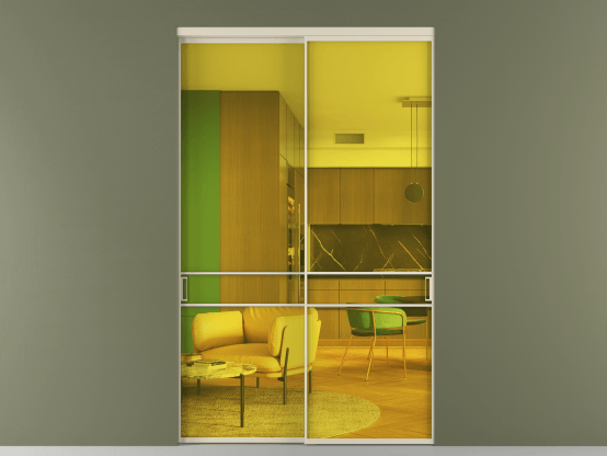 Алюминевая перегородка vn2_02_ Алюминий бежево-серый Прозрачное жёлтое стекло, триплекс, 6мм. Цвет Алюминий бежево-серый. Материал Алюминий в эмали. Коллекция Перегородка Формато внутри проёма 2 створки. Картинка.